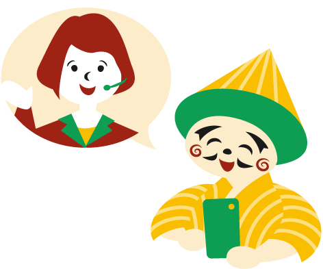 LINE電話でスタッフと打ち合わせをする笑顔のチョンダラー